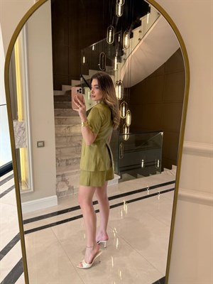 Olive Keten Kısa Kol Blazer Ceket-Takım