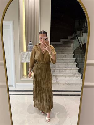 Olive Kırışık Bohem Etek-3207