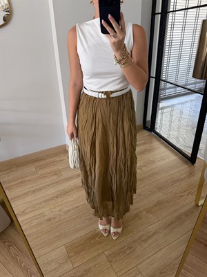 Olive Kırışık Bohem Etek - 3207