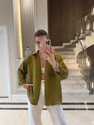 Olive Oversize Transparan Tensel Gömlek 
