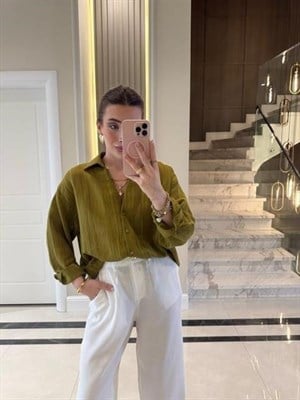 Olive Oversize Transparan Tensel Gömlek 