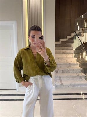 Olive Oversize Transparan Tensel Gömlek - 4914