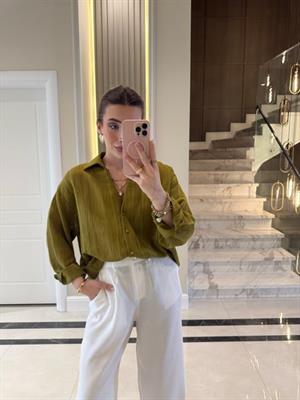 Olive Oversize Transparan Tensel Gömlek - 4914