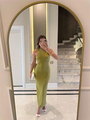 Olive Tek Omuz Midi Boy Elbise