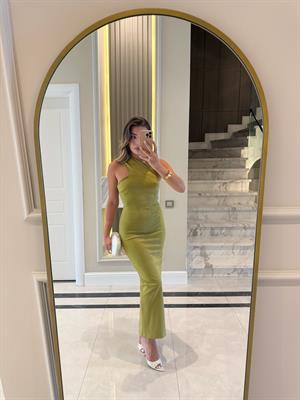 Olive Tek Omuz Midi Boy Elbise
