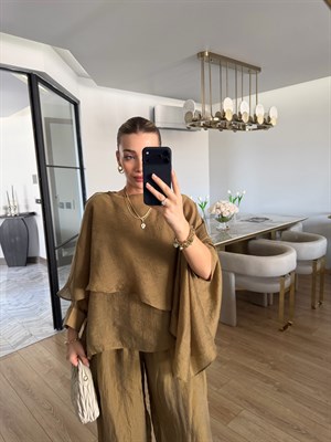 Olive Uçuşan Pelerin Bluz- Pantolon İkili Takım