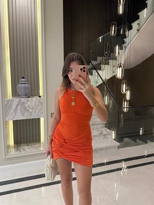 Orange Halter Yakalı Eteği Düğüm Detaylı Elbise