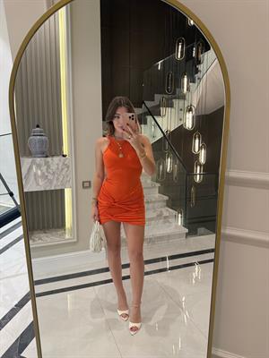 Orange Halter Yakalı Eteği Düğüm Detaylı Elbise