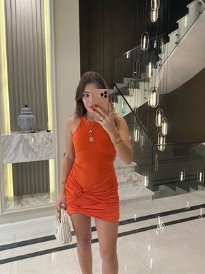 Orange Halter Yakalı Eteği Düğüm Detaylı Elbise