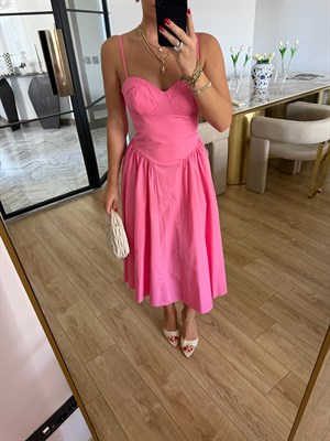 Pembe Askılı Gögüs Gloplu Maxi Elbise-12367