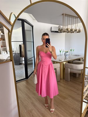 Pembe Askılı Gögüs Gloplu Maxi Elbise-12367