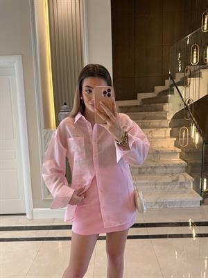 Pembe -Beyaz Çizgili Ms Oversize Gömlek 