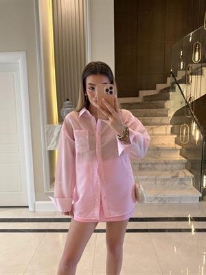 Pembe -Beyaz Çizgili Ms Oversize Gömlek 