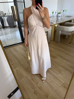 Pembe Çapraz Bağlamalı Çizgili Maxi Elbise-12473
