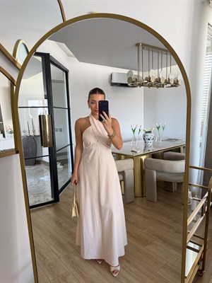 Pembe Çapraz Bağlamalı Çizgili Maxi Elbise-12473