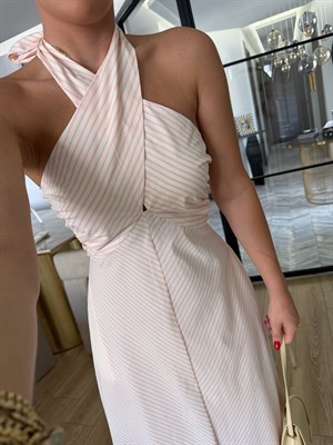 Pembe Çapraz Bağlamalı Çizgili Maxi Elbise-12473
