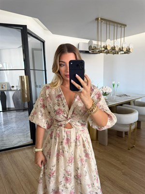 Pembe  Çiçek Desenli Diana Midi Elbise 