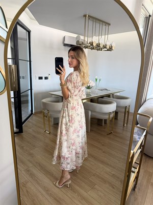 Pembe  Çiçek Desenli Diana Midi Elbise 