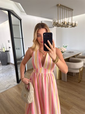 Pembe Çizgili Boyundan Bağlamalı Midi Boy Elbise-2251
