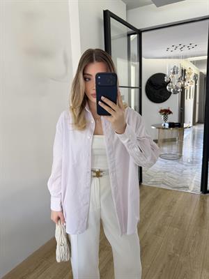 Pembe Dantel Şeritli Çizgili Gömlek-4958