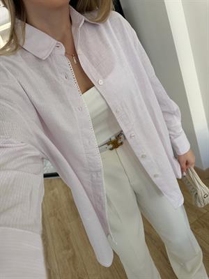 Pembe Dantel Şeritli Çizgili Gömlek-4958