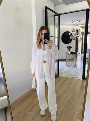 Pembe Dantel Şeritli Çizgili Gömlek-4958