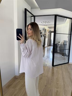 Pembe Dantel Şeritli Çizgili Gömlek-4958