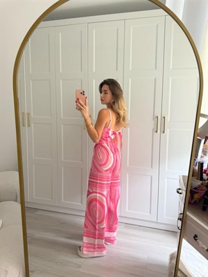 Pembe Geometrik Desenli İkili Saten Takım