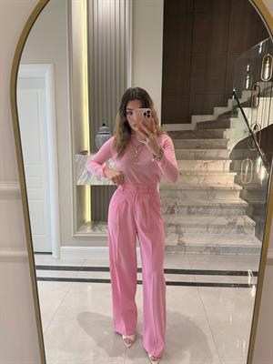 Pembe Gold Düğmeli Pileli Palazzo Pantolon