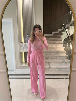 Pembe Gold Düğmeli Pileli Palazzo Pantolon