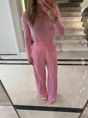 Pembe Gold Düğmeli Pileli Palazzo Pantolon