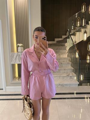 Pembe Ham Keten Gömlek Şort Massi İkili Takım