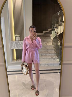 Pembe Ham Keten Gömlek Şort Massi İkili Takım
