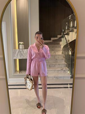 Pembe Ham Keten Gömlek Şort Massi İkili Takım