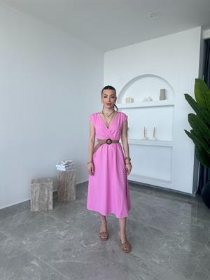 Pembe Hasır Kemerli Kruvaze Elbise