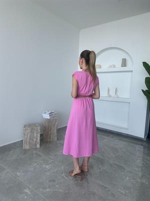 Pembe Hasır Kemerli Kruvaze Elbise