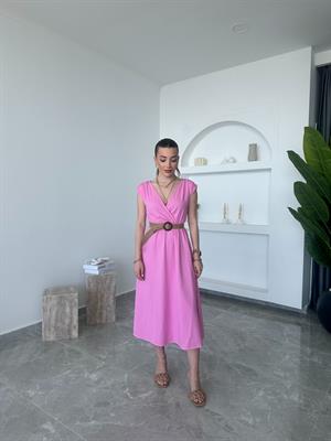 Pembe Hasır Kemerli Kruvaze Elbise