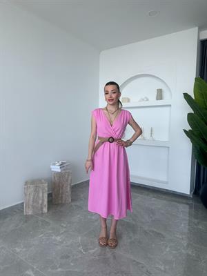 Pembe Hasır Kemerli Kruvaze Elbise