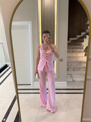 Pembe Kare Yaka Yelek Pantolon Keten Takım