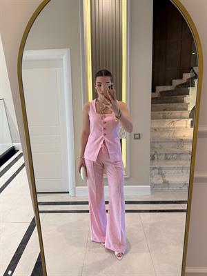 Pembe Kare Yaka Yelek Pantolon Keten Takım