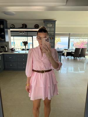 Pembe Kemerli Katlı Elbise-251068