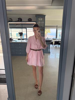 Pembe Kemerli Katlı Elbise-251068