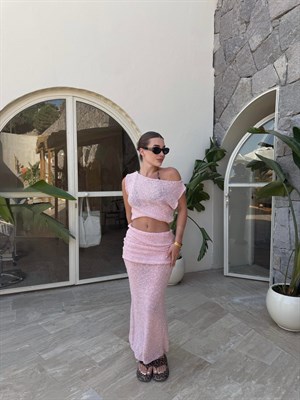 Pembe Kendinden Dokulu Drape Detaylı İkili Takım