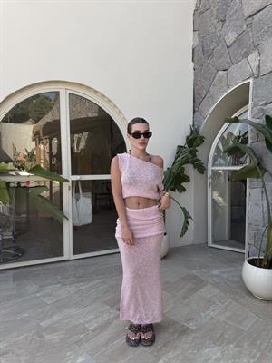 Pembe Kendinden Dokulu Drape Detaylı İkili Takım