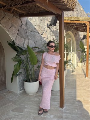 Pembe Kendinden Dokulu Drape Detaylı İkili Takım