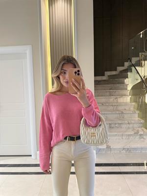 Pembe Kendinden Yakalı Düz Triko -251007