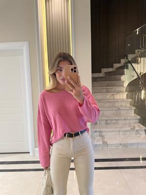 Pembe Kendinden Yakalı Düz Triko -251007