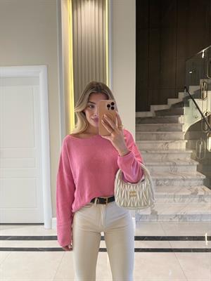 Pembe Kendinden Yakalı Düz Triko -251007