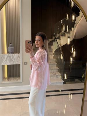 Pembe Oversize Transparan Tensel Gömlek - 4914