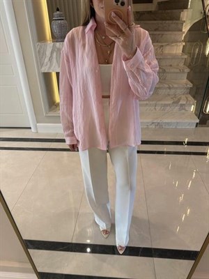 Pembe Oversize Transparan Tensel Gömlek - 4914